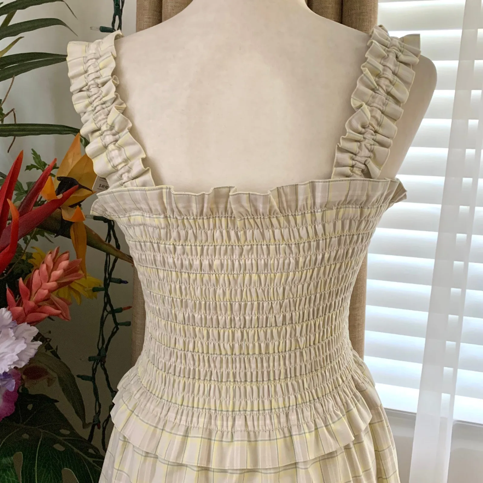 GU (Uniqlo) x Rokh Smocking Camisole Dress in Cream Plaid Tan Size M - Image 13
