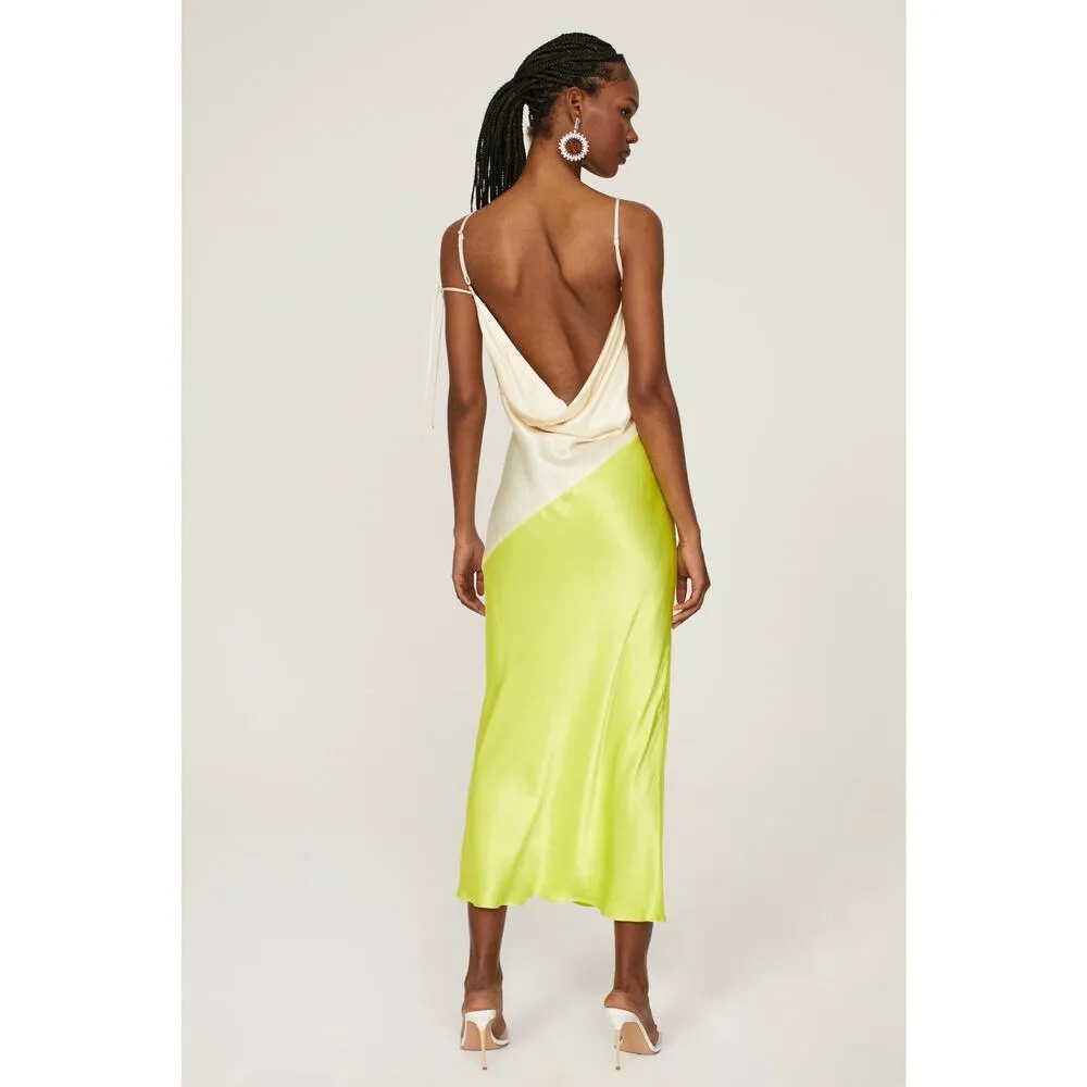 SAN SLOANE White Lime Green Satin Slip Style Cowl Neck Dress Size Small - Image 2