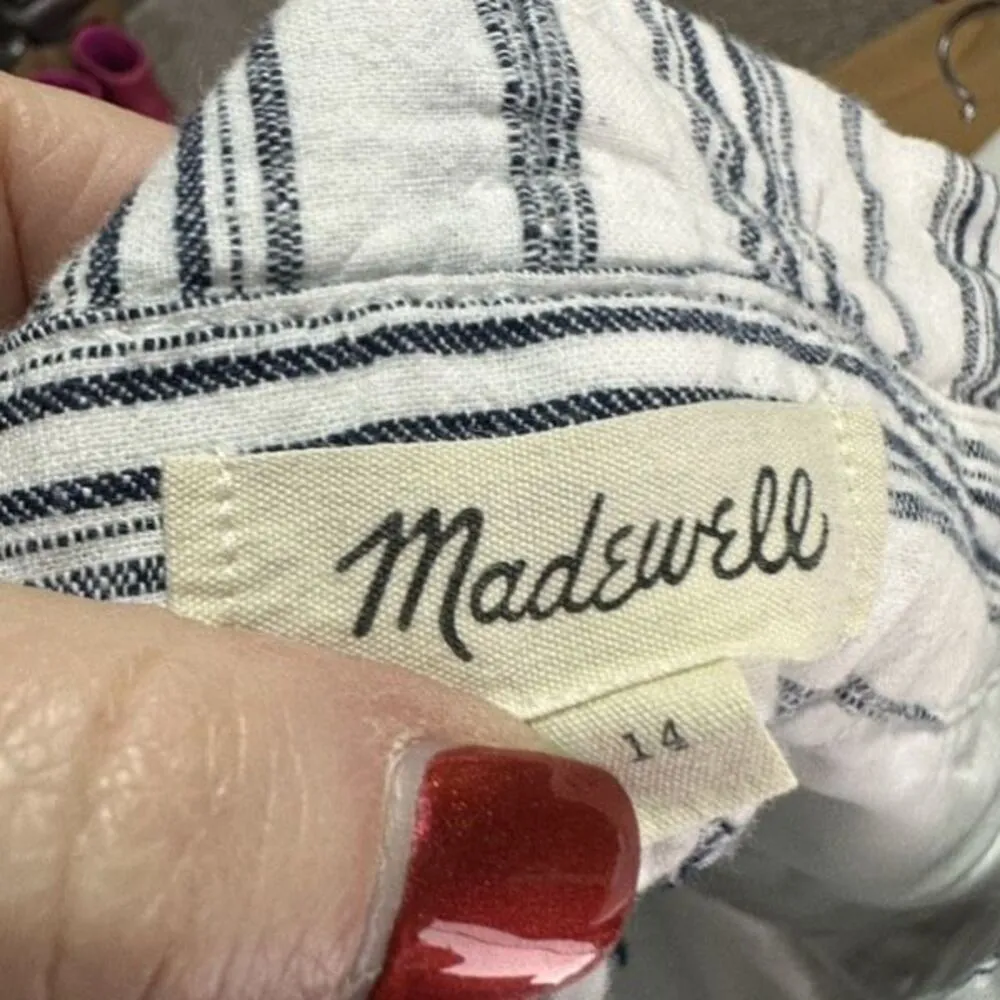 Madewell Linen-Cotton Hi Rise Pants Gray Stripe AN839 Size 14 White Paperbag‎ - Image 4