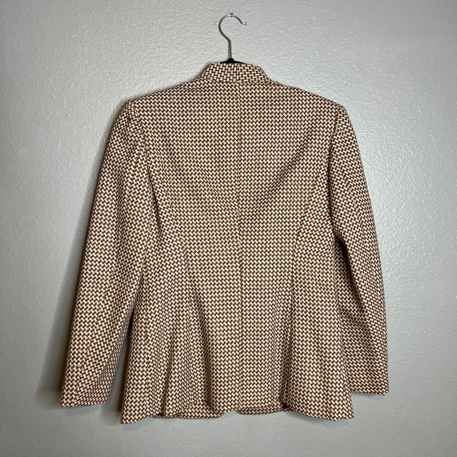 Talbots Petites Blazer Size‎ 2 Houndstooth Brown Beige Career Jacket Collarless - Image 5