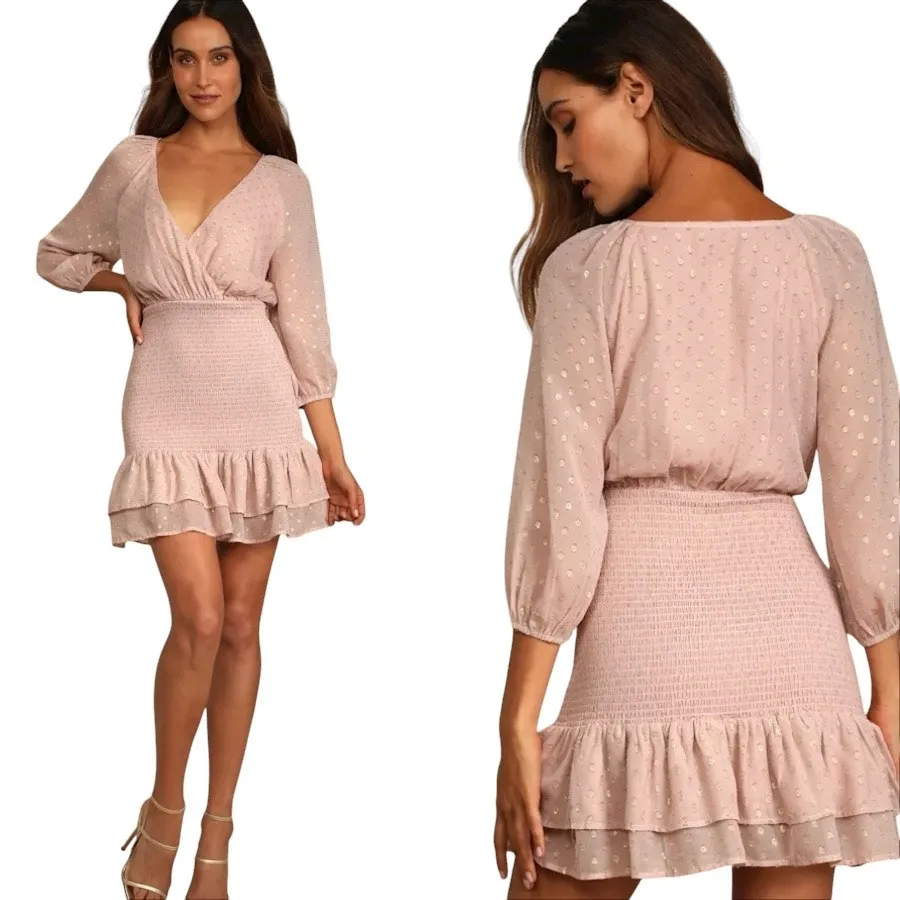 NWT Lulus All The Cheers Mauve Pink and Gold Dotted Smocked Mini Dress Large - Image 2