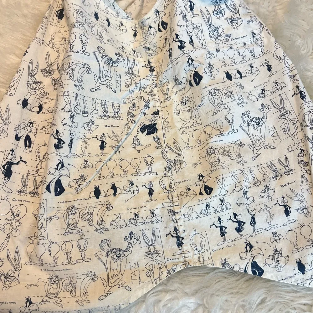 Vintage 90s Looney Tunes Blues Button Down Sleeveless Shirt All Over Print Med - Image 11