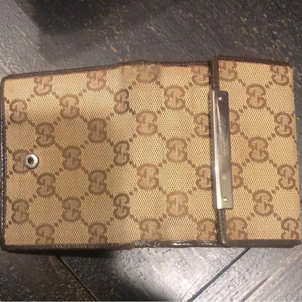 GUCCI GG Trifold Canvas Jacquard Wallet Tan Brown Leather Accent - Image 4
