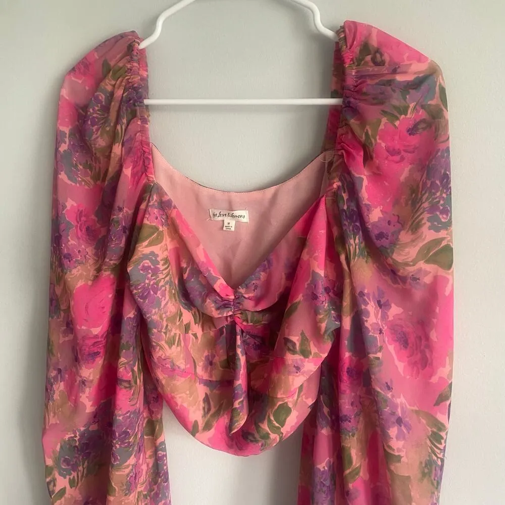 For Love & Lemons Trisha Crop Top Pink Multicolor Sweetheart Puff Sleeves Medium - Image 4