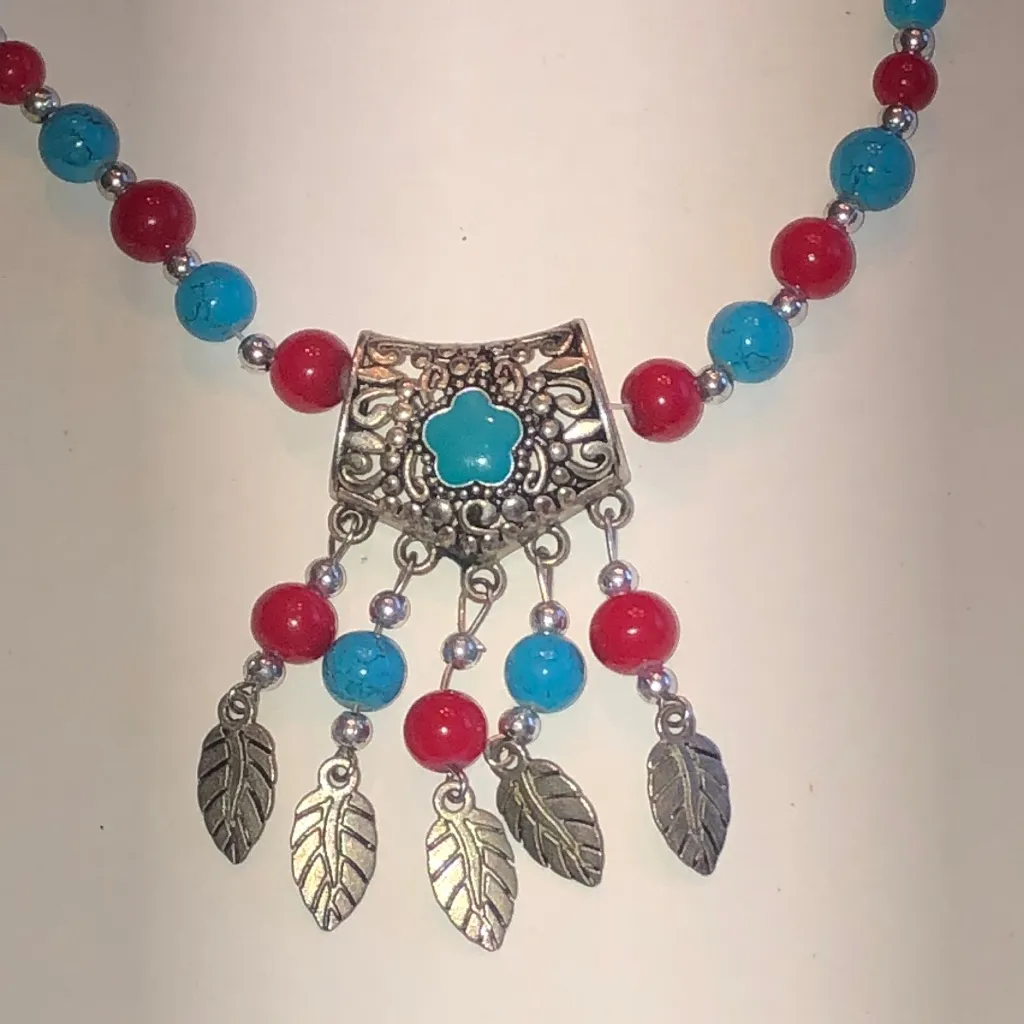 Turquoise Color and Red Beaded Boho Silver Tone Feather Necklace Blue - Image 2