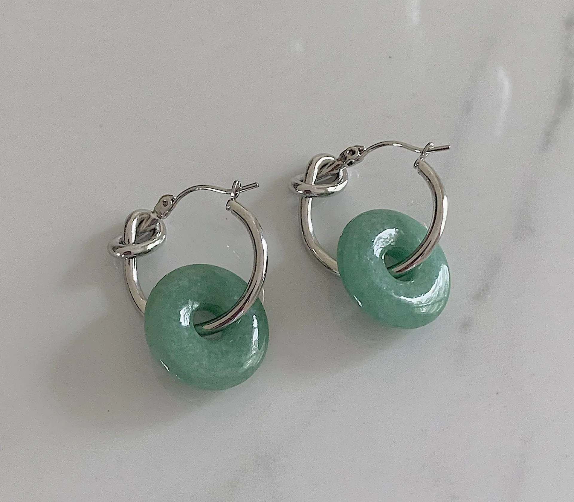 Jade Earrings, Dangle Jade Earrings, Knotted Hoop Earrings Green - Image 2