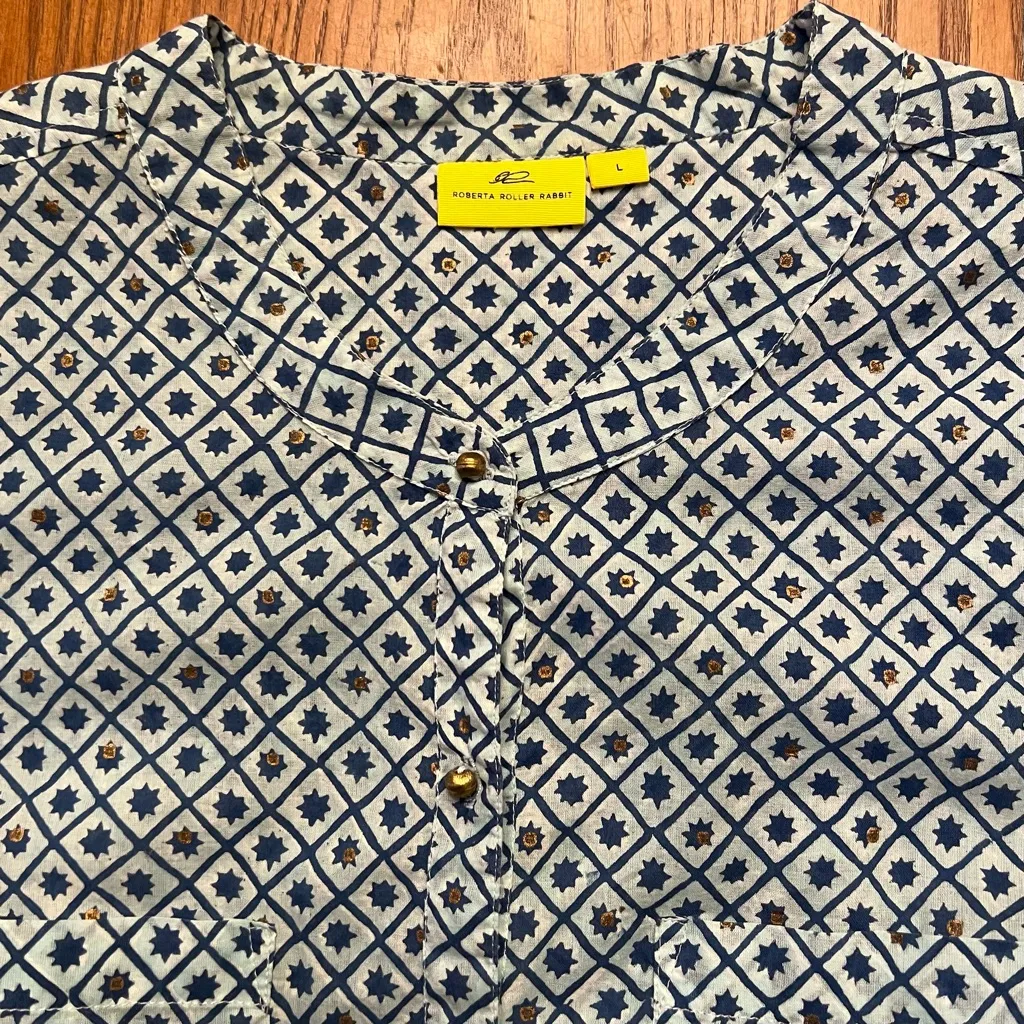 Roberta Roller Rabbit Gold Button Down Geometric Print Shirt‎ Tunic Size Large - Image 5