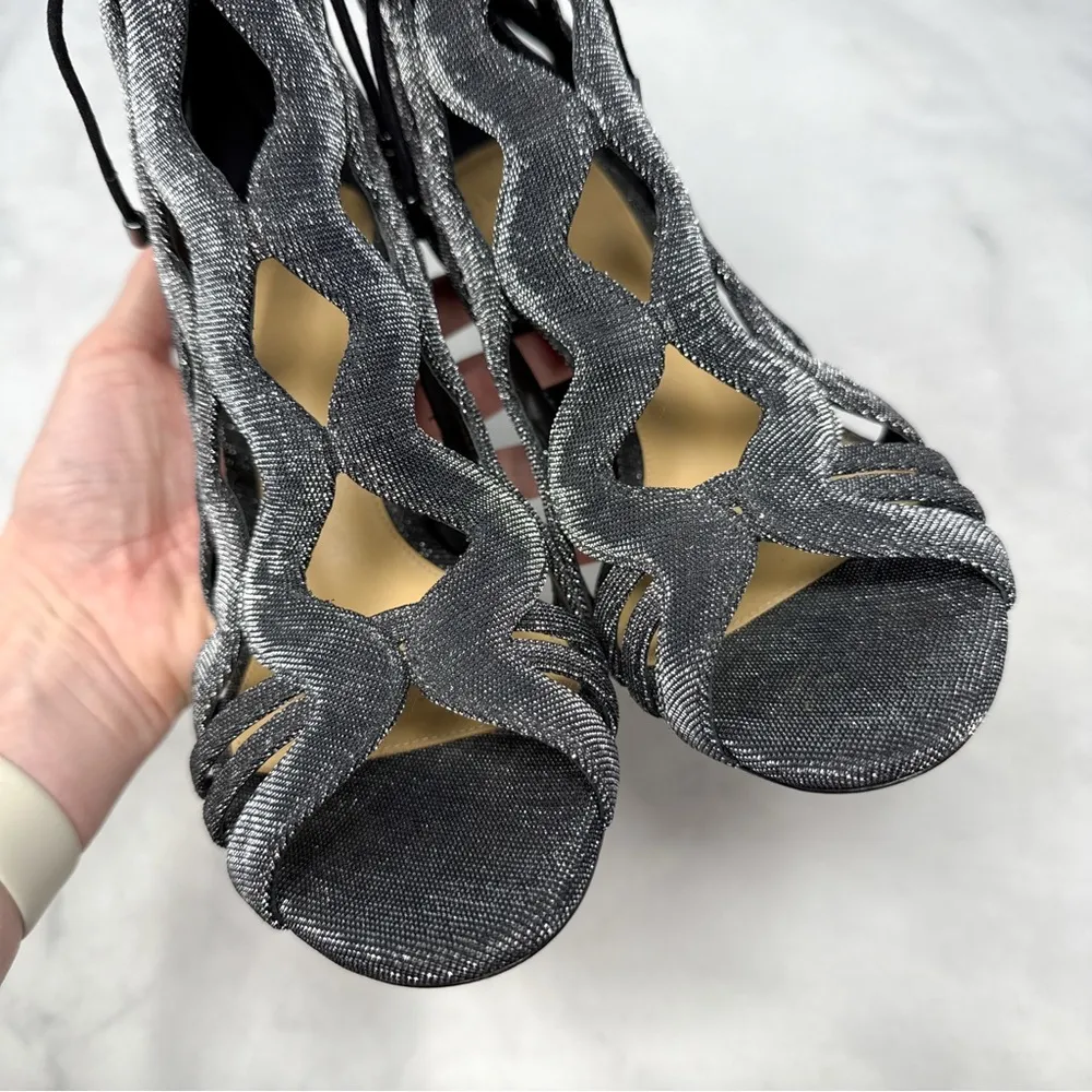 Alexandre Birman Loretta Metallic Caged Block Heel Sandal Booties Silver 38.5 - Image 7