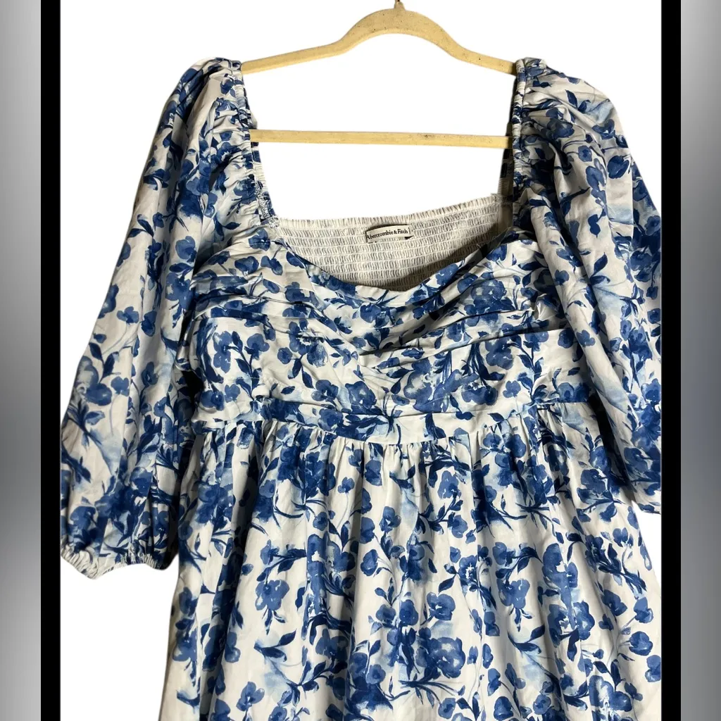Abercrombie & Fitch Emerson Poplin Puff Sleeve Mini Dress in blue floral SZ XLT - Image 4