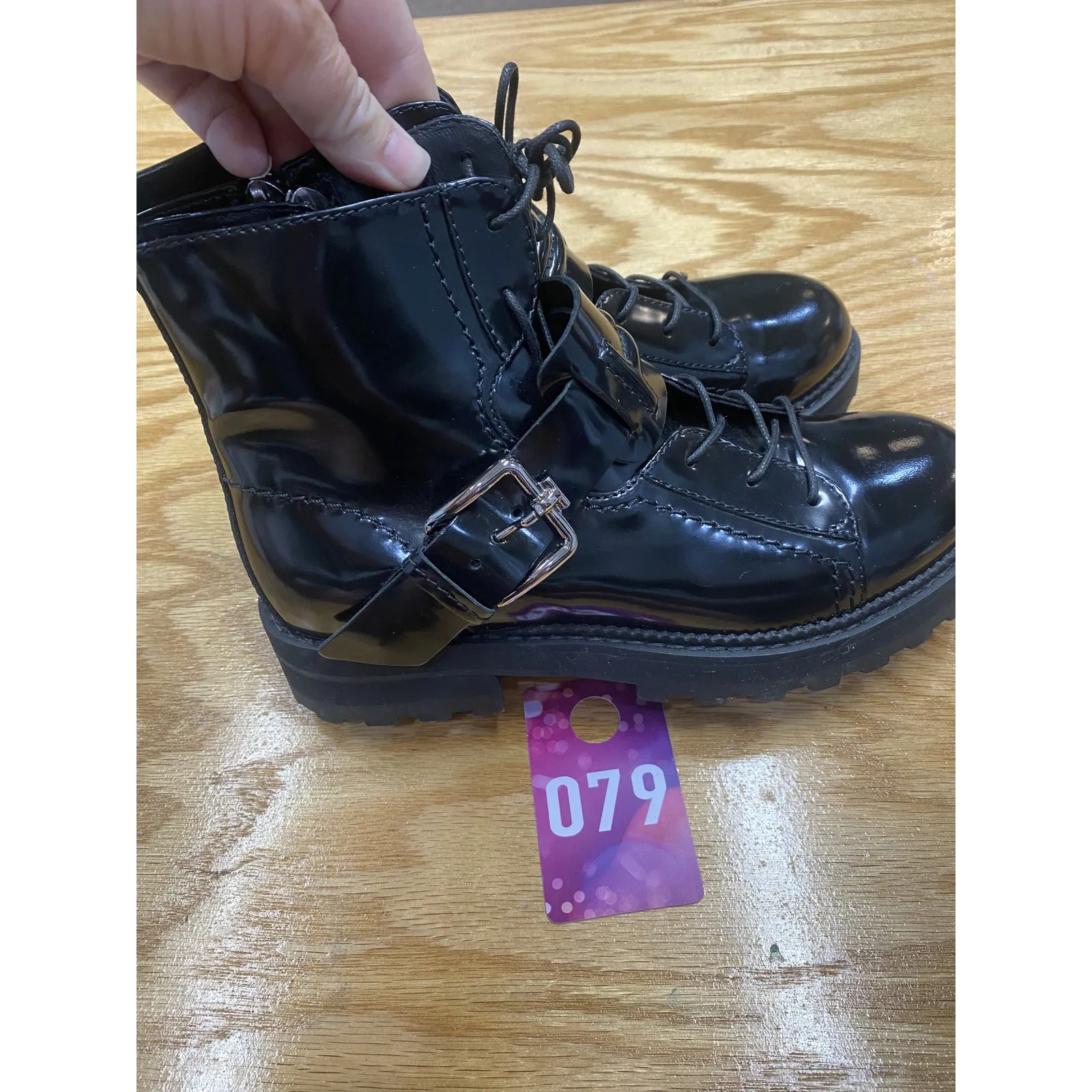 Tod's Women's 6.5 Black Patent Leather Side Zip Lace Up Ankle Strap Combat Boots - Image 3