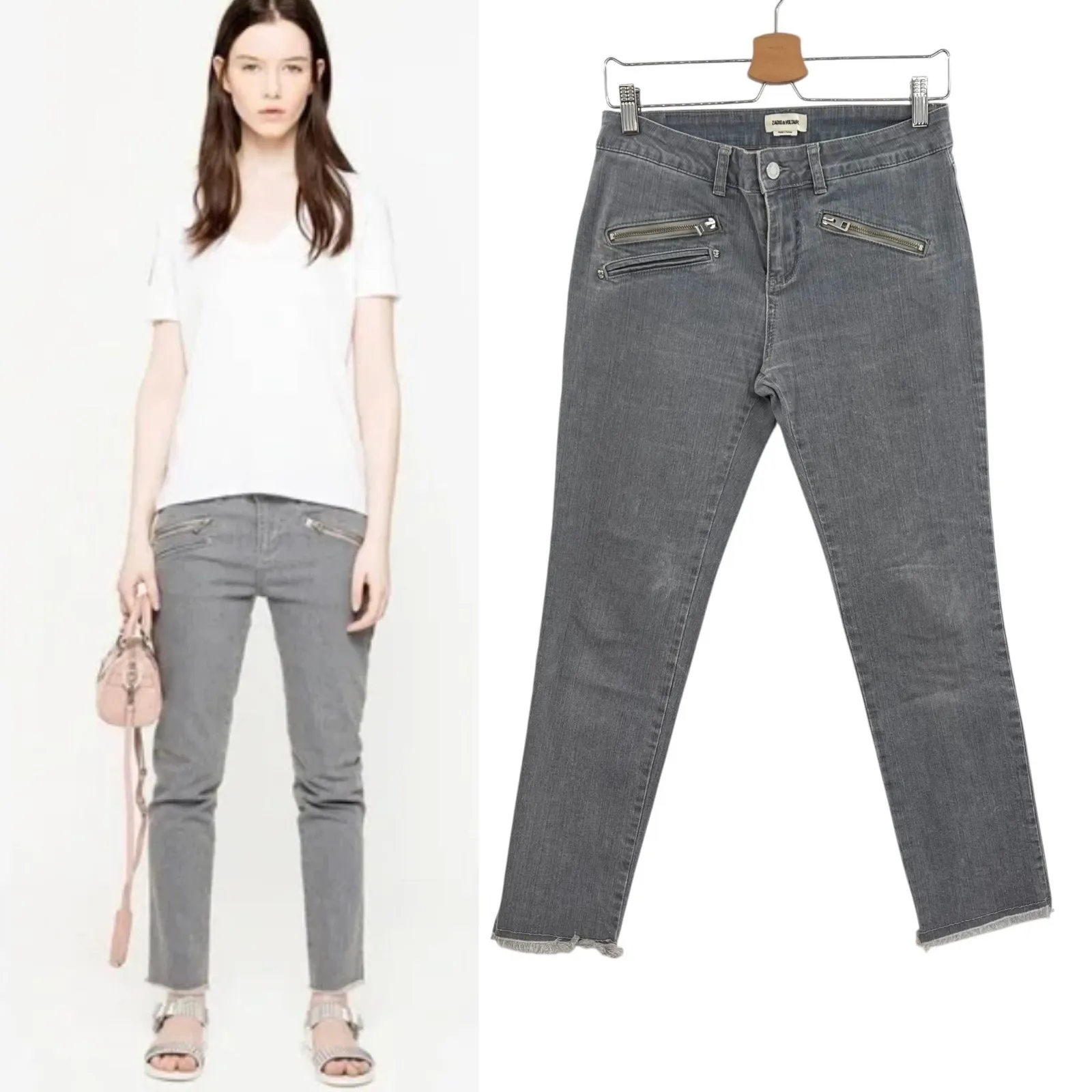 Zadig & Voltaire Ava Color Jeans Cropped Denim Zip Pockets Gray Size 25 - Image 2