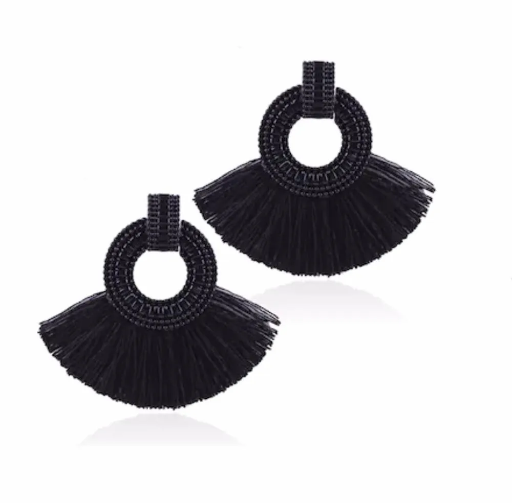 NWT Tassel Decorated Hoop Drop Earrings Black - Image 2
