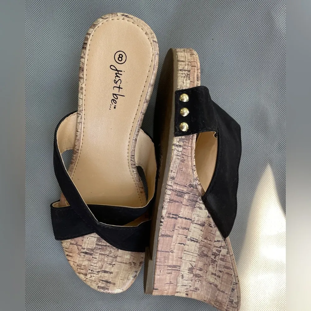 Women’s  Black Criss Cross Straps With Wedge Cork Heel Sandals - Image 4