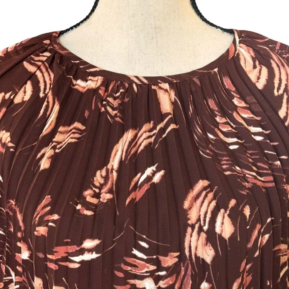 Alfani Medium Pleated Top Round Neck Long Sleeves Swirl Abstract Print Brown New - Image 2