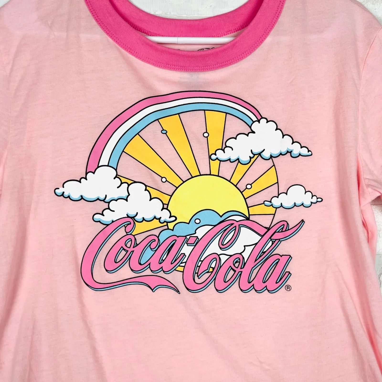 Coca-Cola‎ T-Shirt Pink Rainbow Graphic Ringer Tee Top Womens Size Medium - Image 4
