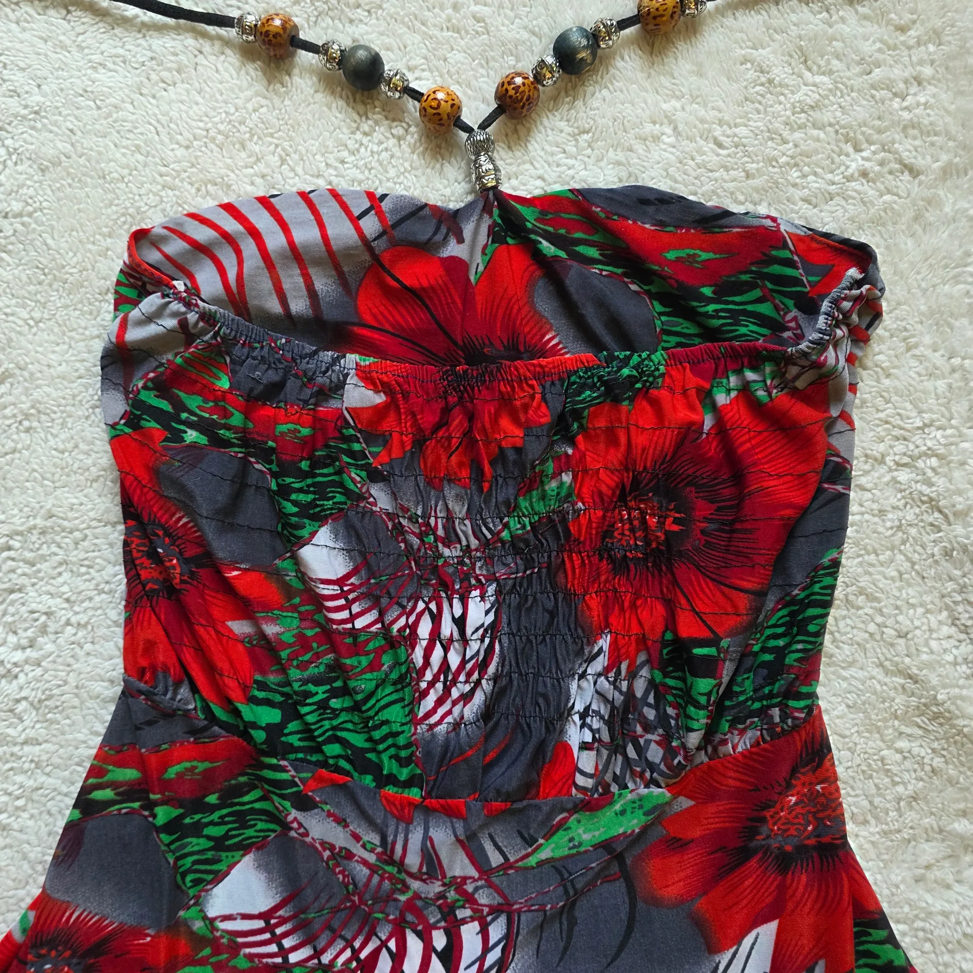Source Unknown Asymmetrical Dress in Red and Green Floral - Image 2