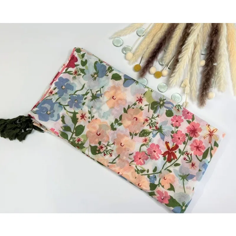 NEW Boho Exotic Floral Design Tasseled Rectangle Soft Chic Scarf L Cream White - Image 12