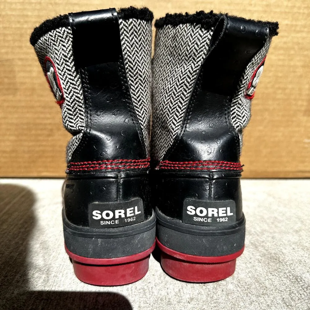 Sorel Tivoli Herringbone Tweed Winter Snow Boots Lace Up Chevron Faux Fur Red 7 - Image 5
