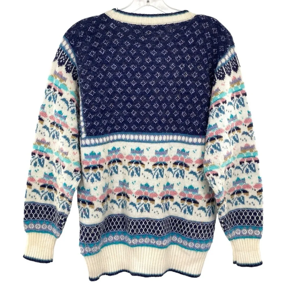 Vintage Western Connection Wool Acrylic Fair Isle Cable Knit Sweater Blue Size M - Image 9