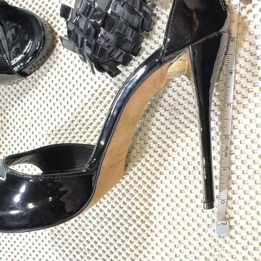 Oscar De La Renta Black Patent Leather Woven Ankle Heels 40, US 10 - Image 14