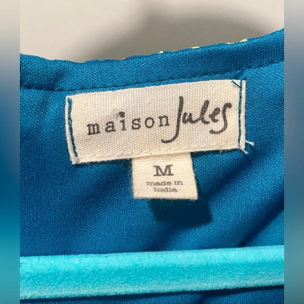 Maison Jules Teal Blue Patterned Sleeveless V-Neck Knee-Length Fit & Flare Dress - Image 4