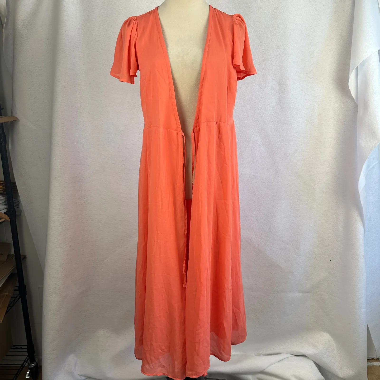 New Abercrombie Fitch Angel Coral Flutter Sleeve Wrap Midi Dress Small Party - Image 11