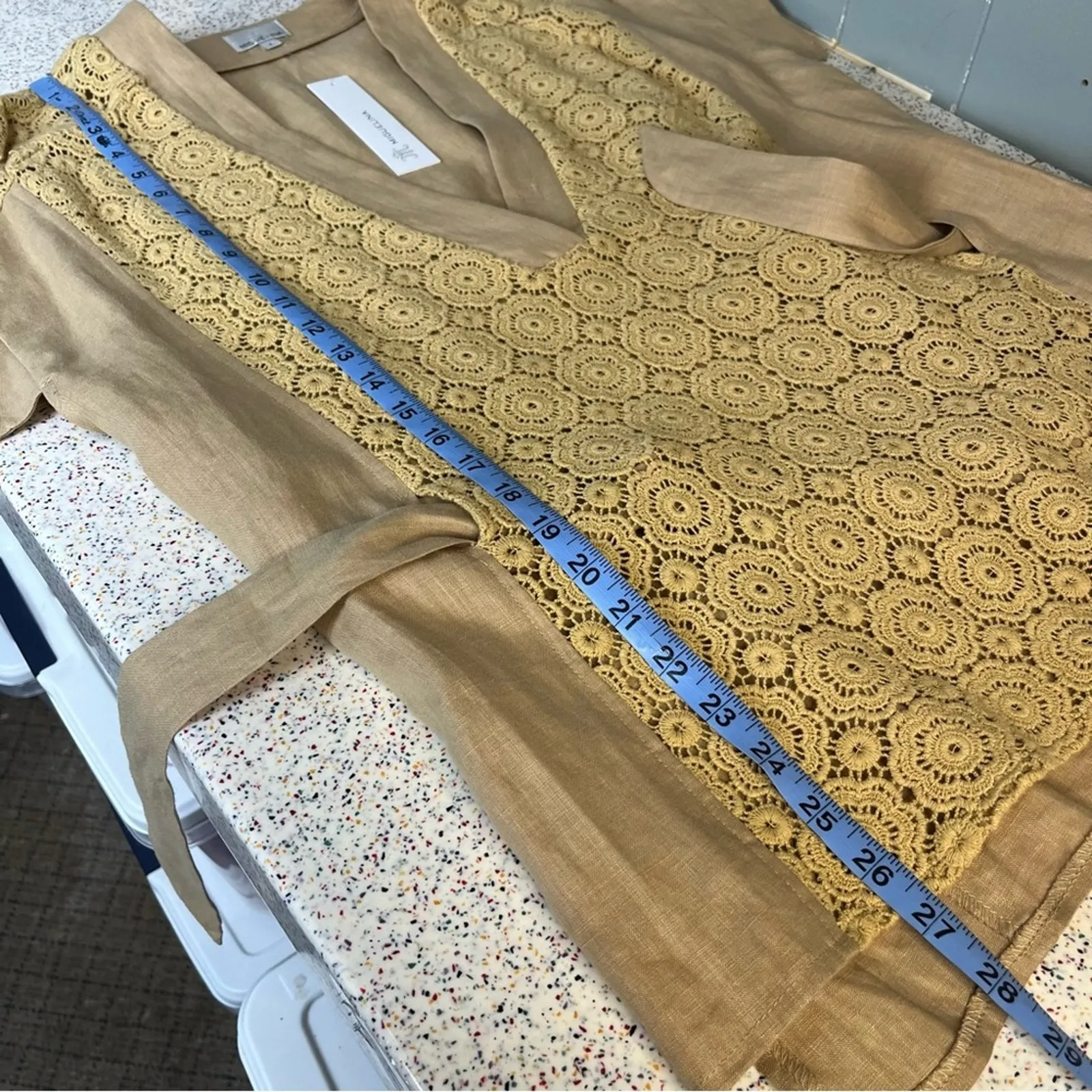 NWT Miguelina Regina Sample Linen Crochet Lace Blouse Waist Tie Camel Tan Size S - Image 9