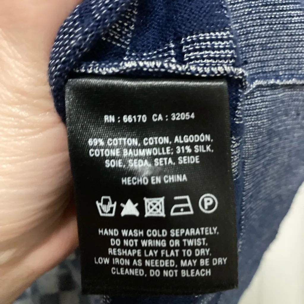 HWR Anthropologie Blue Checkered Deep V Neck Silk Blend Long Sleeve Cardigan - Image 3