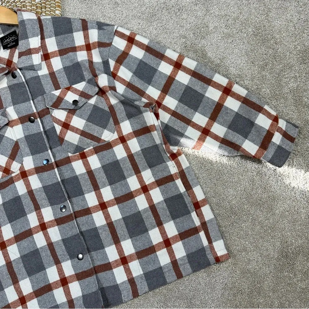 HFX Wool Blend Flannel Plaid Shacket Jacket Western Relaxed Fit Gray/Brown L Gray Size L - Image 14