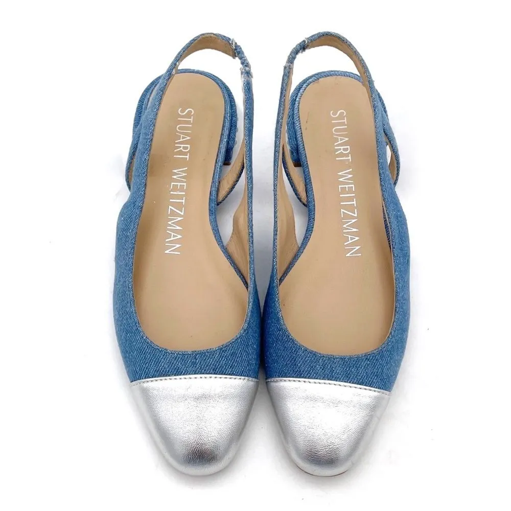 Stuart Weitzman Denim Pearl Slingback Flats Size 6 Silver Cap Toe Made in Spain - Image 8