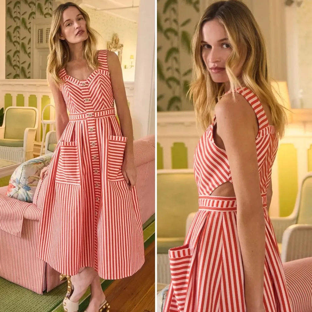 Hunter Bell Cosi Striped Midi Dress Red Poppy White Button Front Size 2 NWT - Image 2