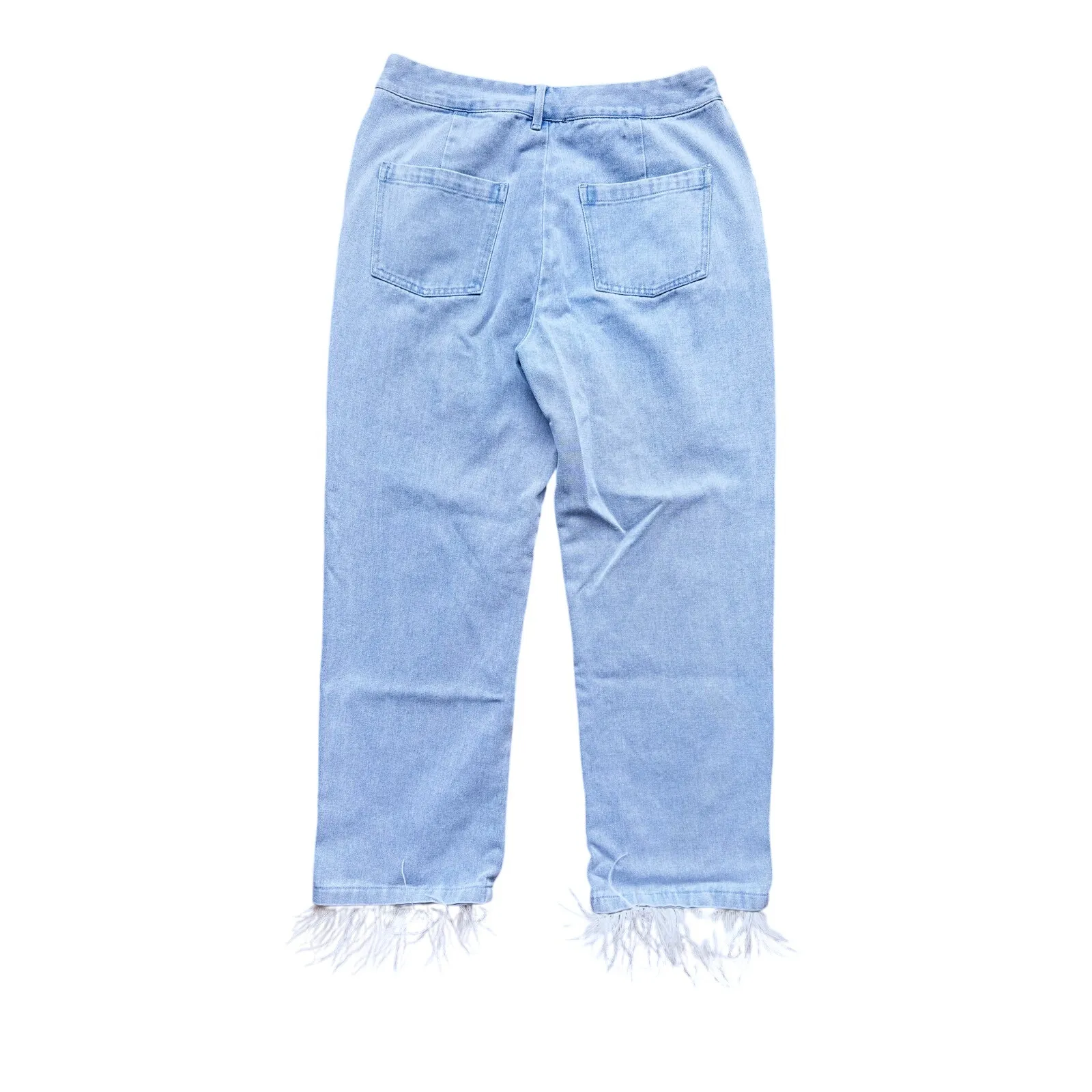 Strut & Bolt Y2K Glam Feather Hem Straight Leg Blue Jeans L Festival Maximalist - Image 4
