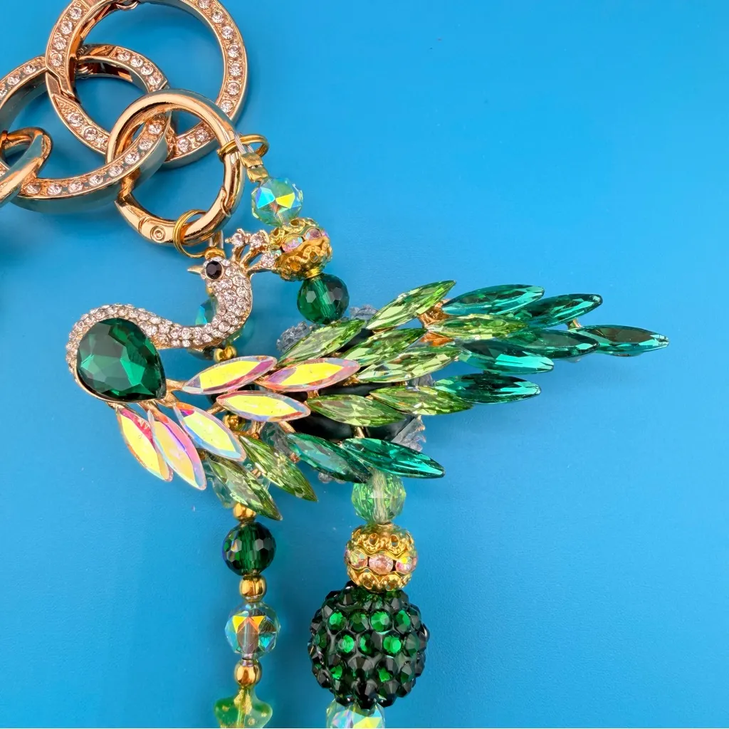 🦚 Luxury Bag/Phone Chain Charm/Keychain Green Rhinestone PEACOCK & Crystal Beads - Image 7