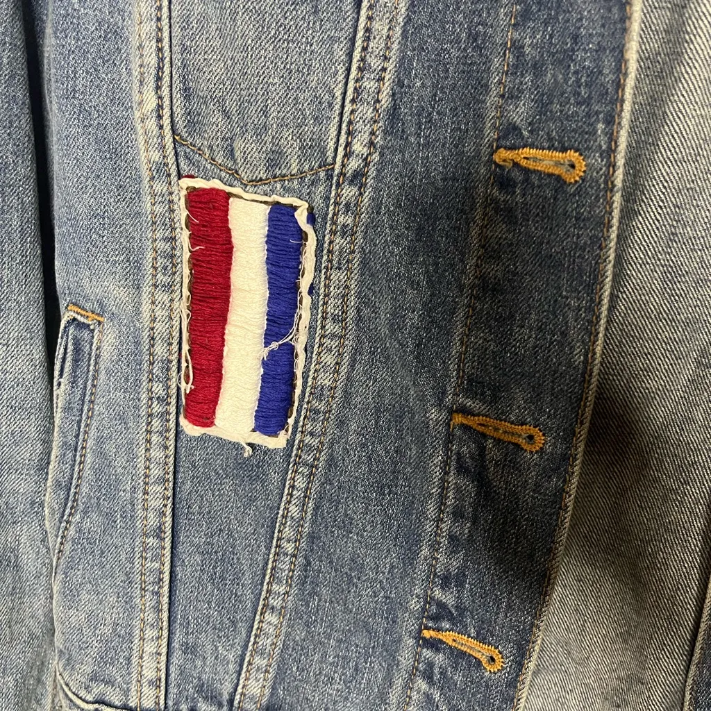 Gap 1969 Distressed Denim Trucker Jacket Unique Custom Patchwork Women’s Size XS - Image 4