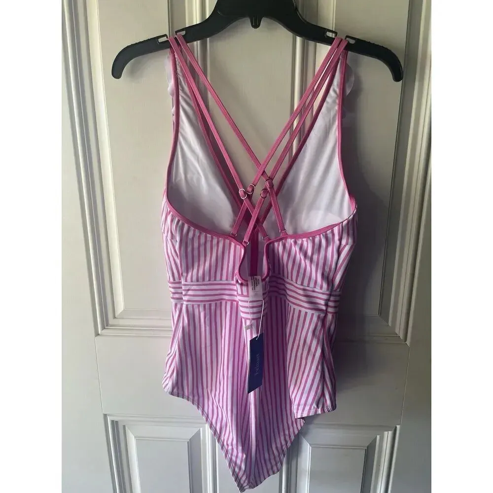 Swimsuit NWT Women Ruffled V Neck Design Strapy Open Back One Piece Swimwear XL Pink - Image 7