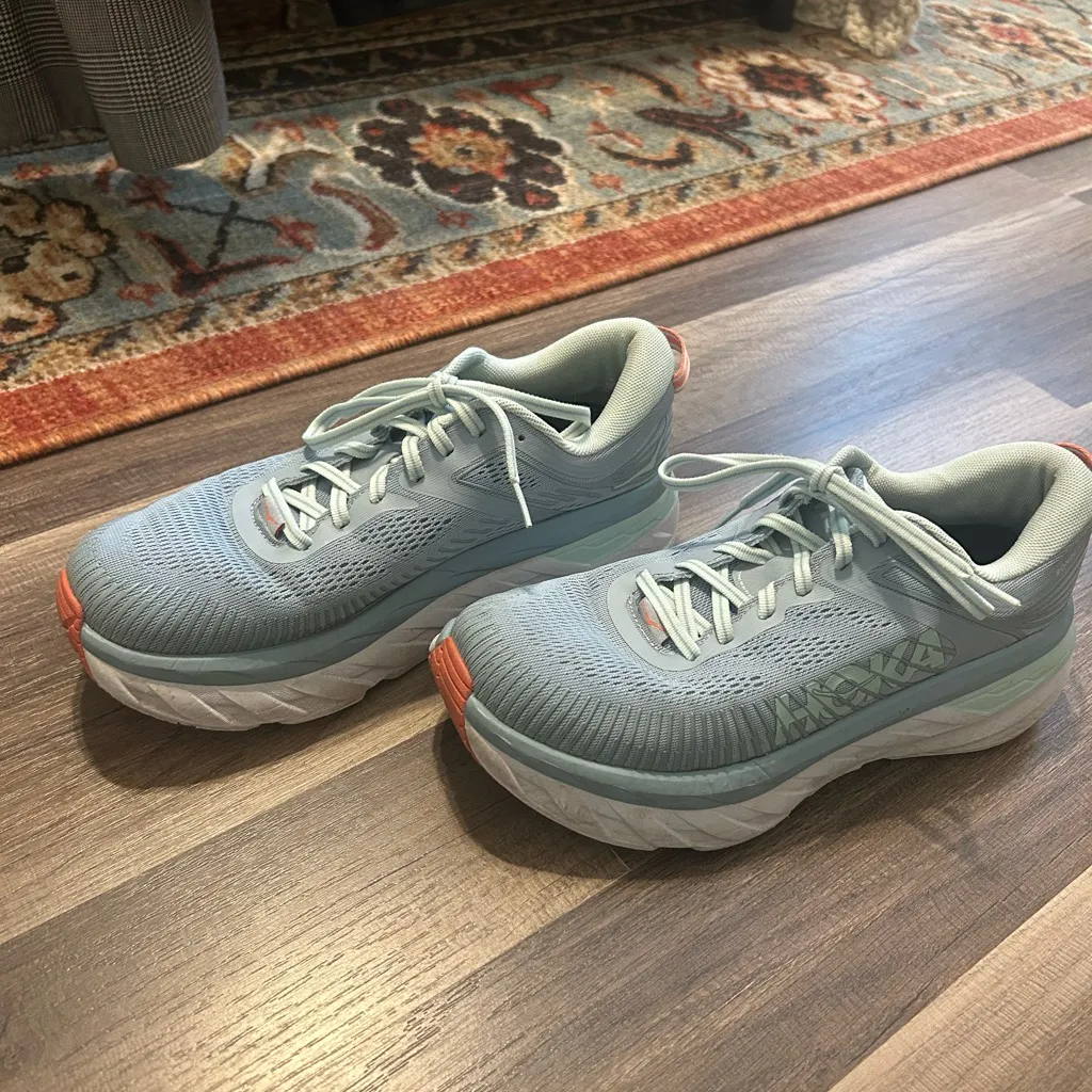 HOKA Women's Bondi 7 Wide Blue Fog/Coral Running Shoes - Image 5