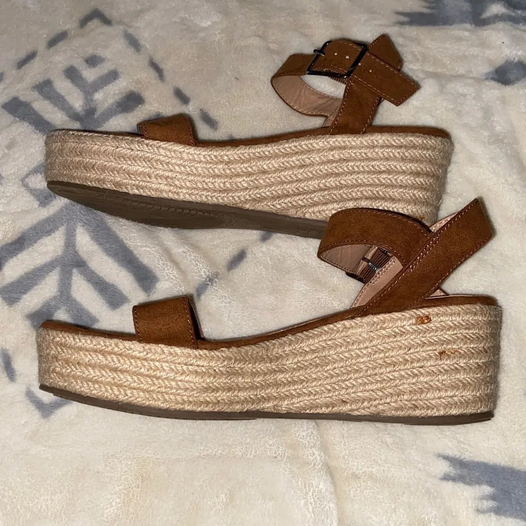 COGNAC ESPADRILLES PLATFORM SANDALS Brown Time & Tru MEMORY FOAM Tan Size 8 - Image 3