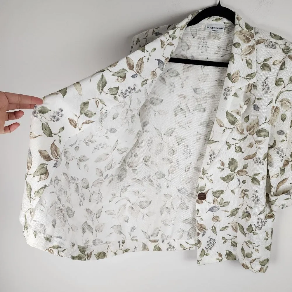 Alice Stuart Cream Floral Blazer Jacket Shoulder Pads USA Made Size M Petite Green - Image 5