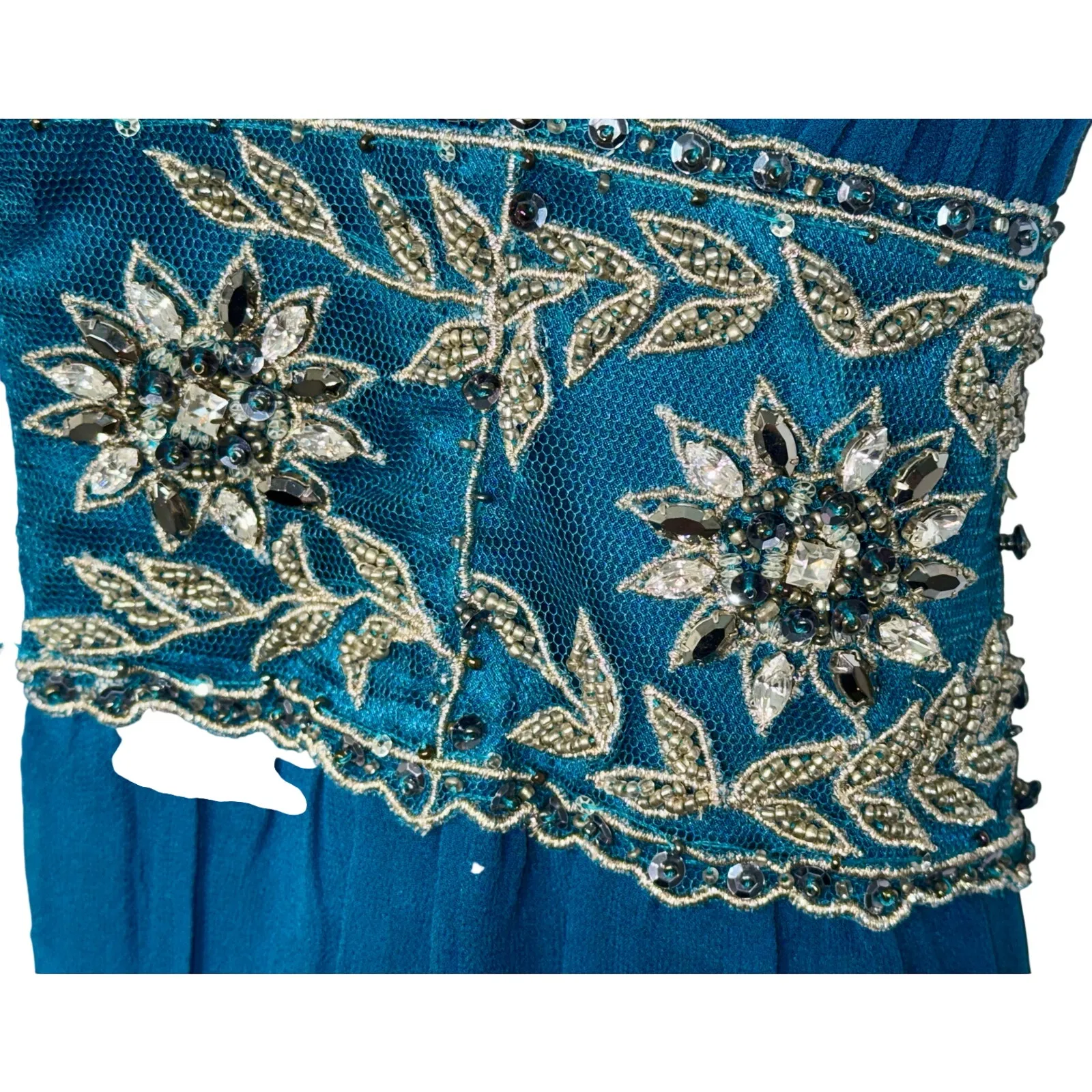 NWT Mandalay Turquoise Blue Silk Beaded Sequin Midi Evening Gown Dress Womens 4 - Image 9