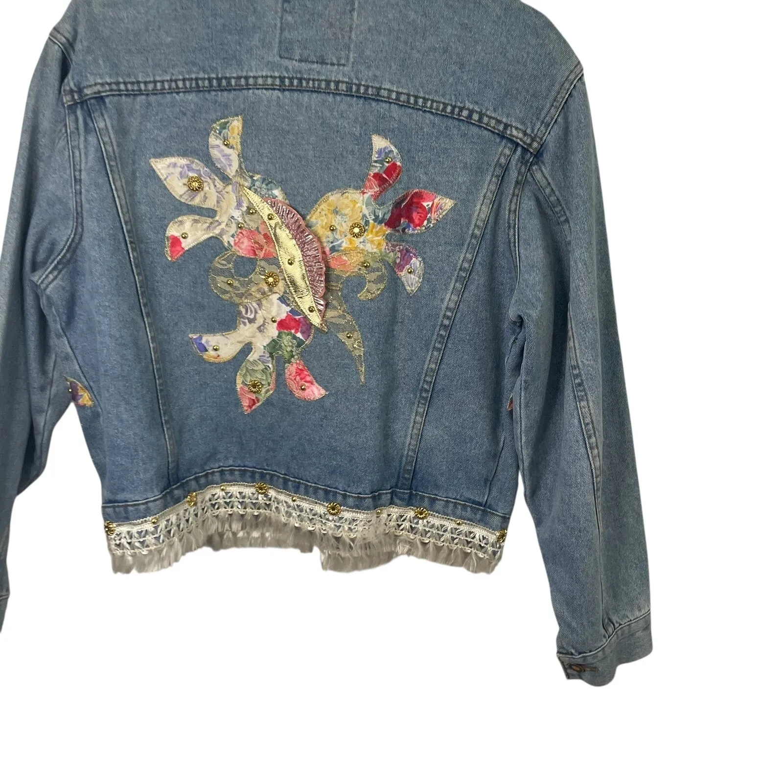 Gazoz 80s Embellished Denim Jacket‎ Floral Applique Lace Trim Unique Vintage M Blue Size M - Image 4