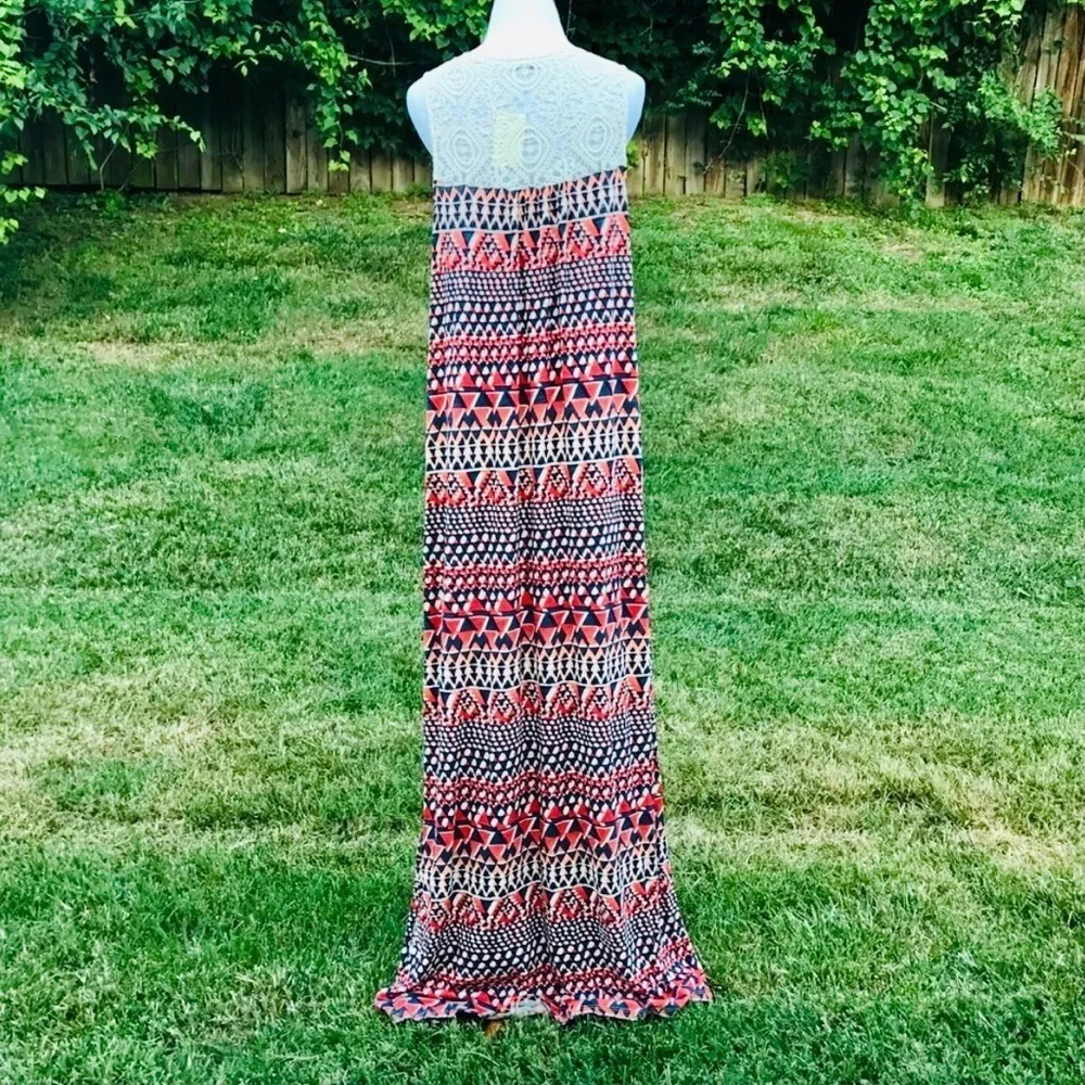 Lucky Brand Maxi Dress L Geometric Print Crochet Summer Vacation Party Bright - Image 9