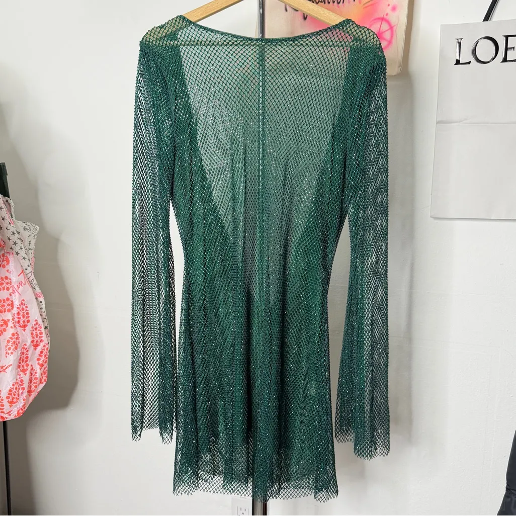 NEW Meshki Samira Flare Sleeve Diamante Mesh Mini Dress Emerald - Image 4