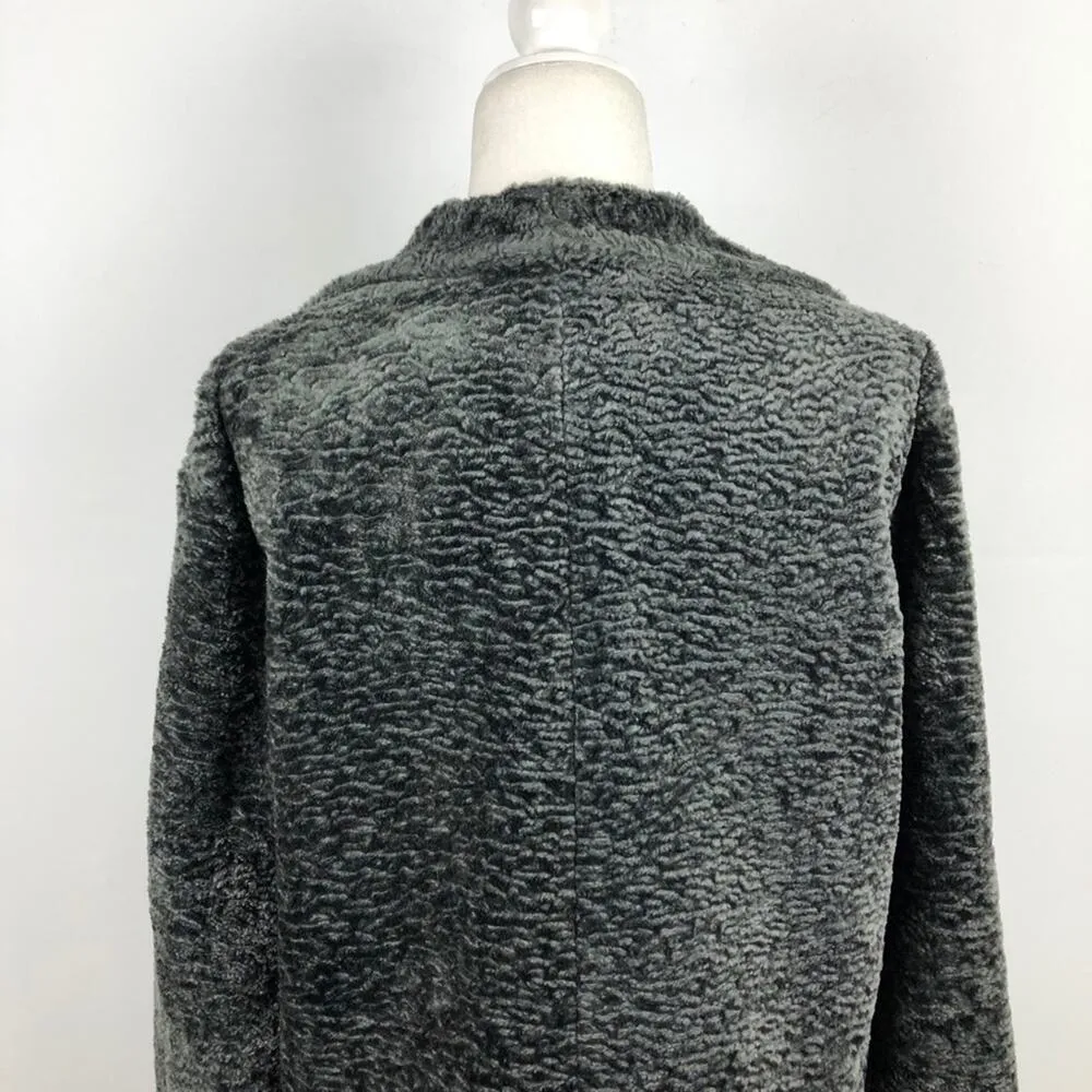 Lafayette 148 New York Faux Fur Jacket Gray Curly Persian Lamb Open Coat Medium - Image 11
