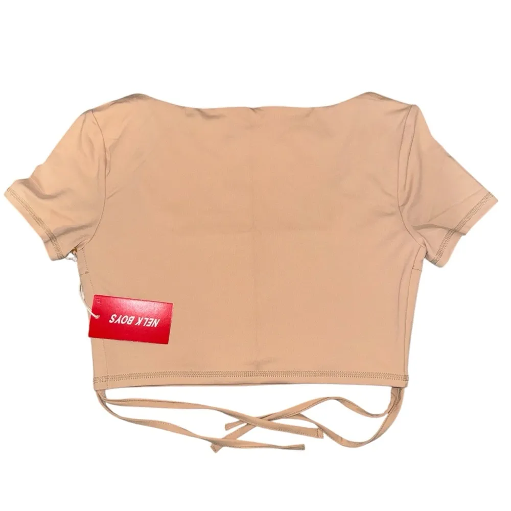 Full Send‎ Nelk Boys Crop Top Tie Back Square Neck Short Sleeve Beige Shirt Tan - Image 4