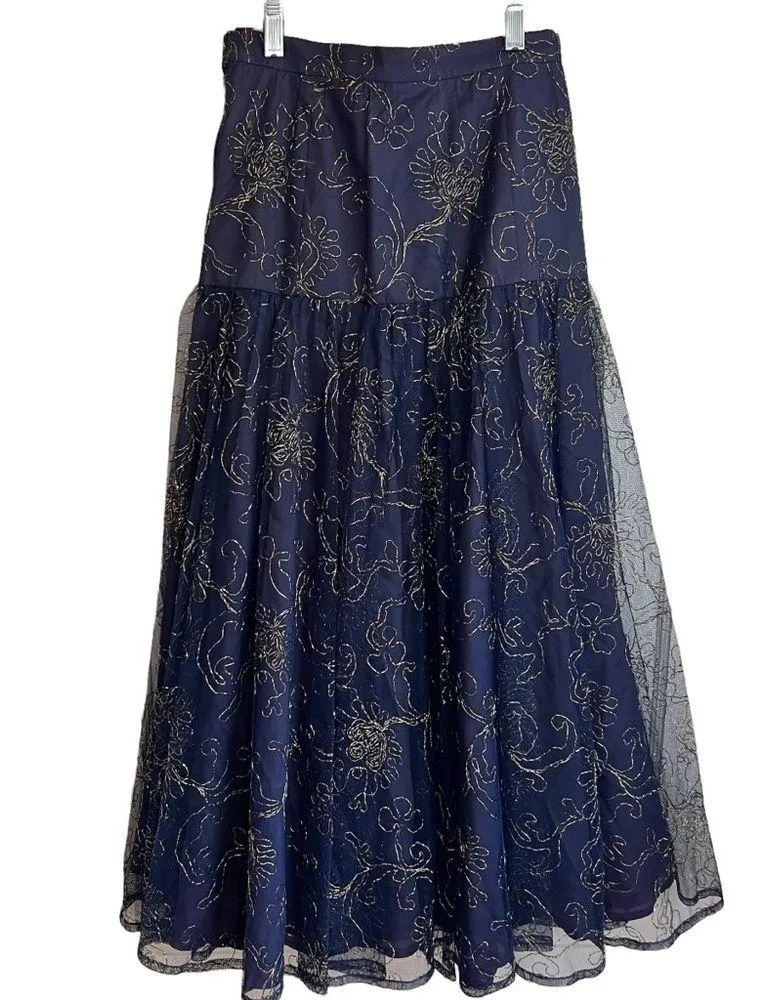 St Gillian Sportswear Vintage Drop Waist Maxi Skirt 6 Navy & Gold Sheer Fabric Blue - Image 2