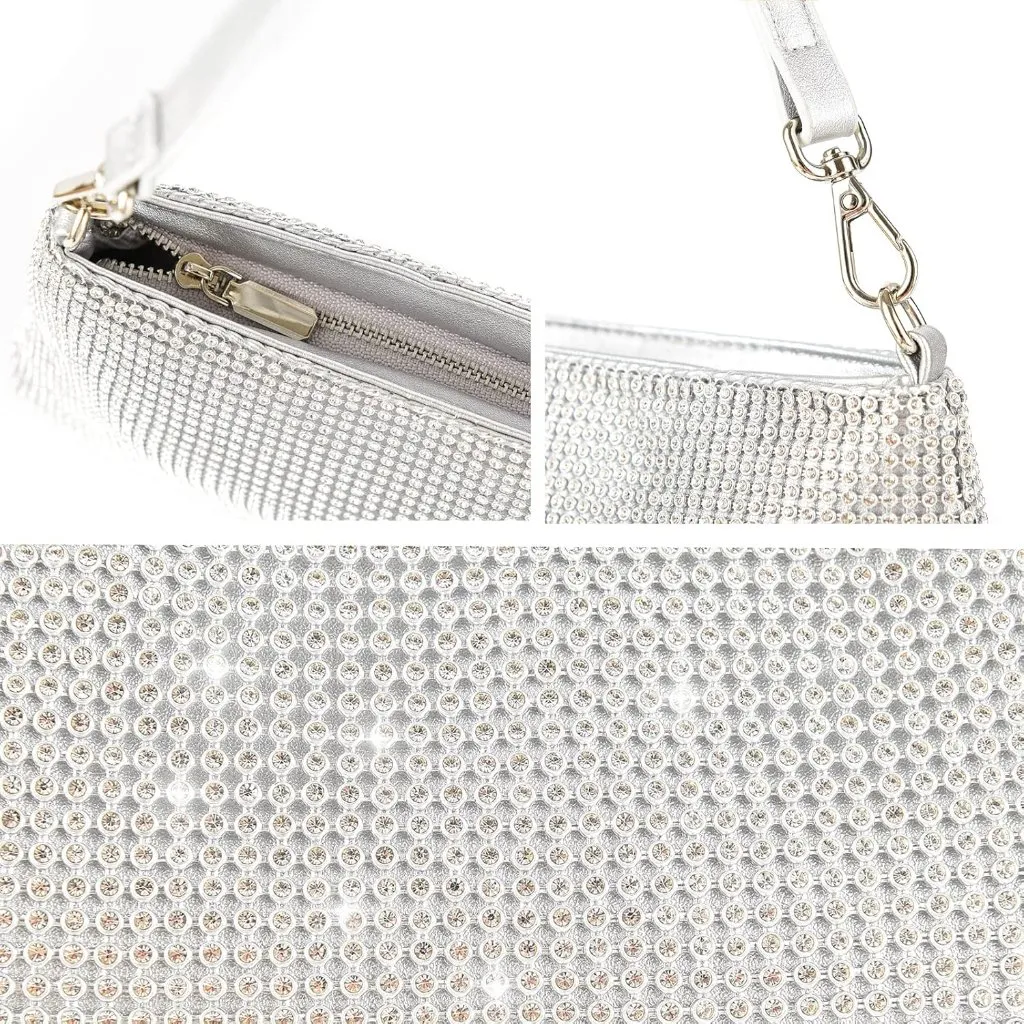 ⚡ Women's Beautiful Rhinestone Sparkly Handle Chain Evening Clutch Bag Silver - Image 6