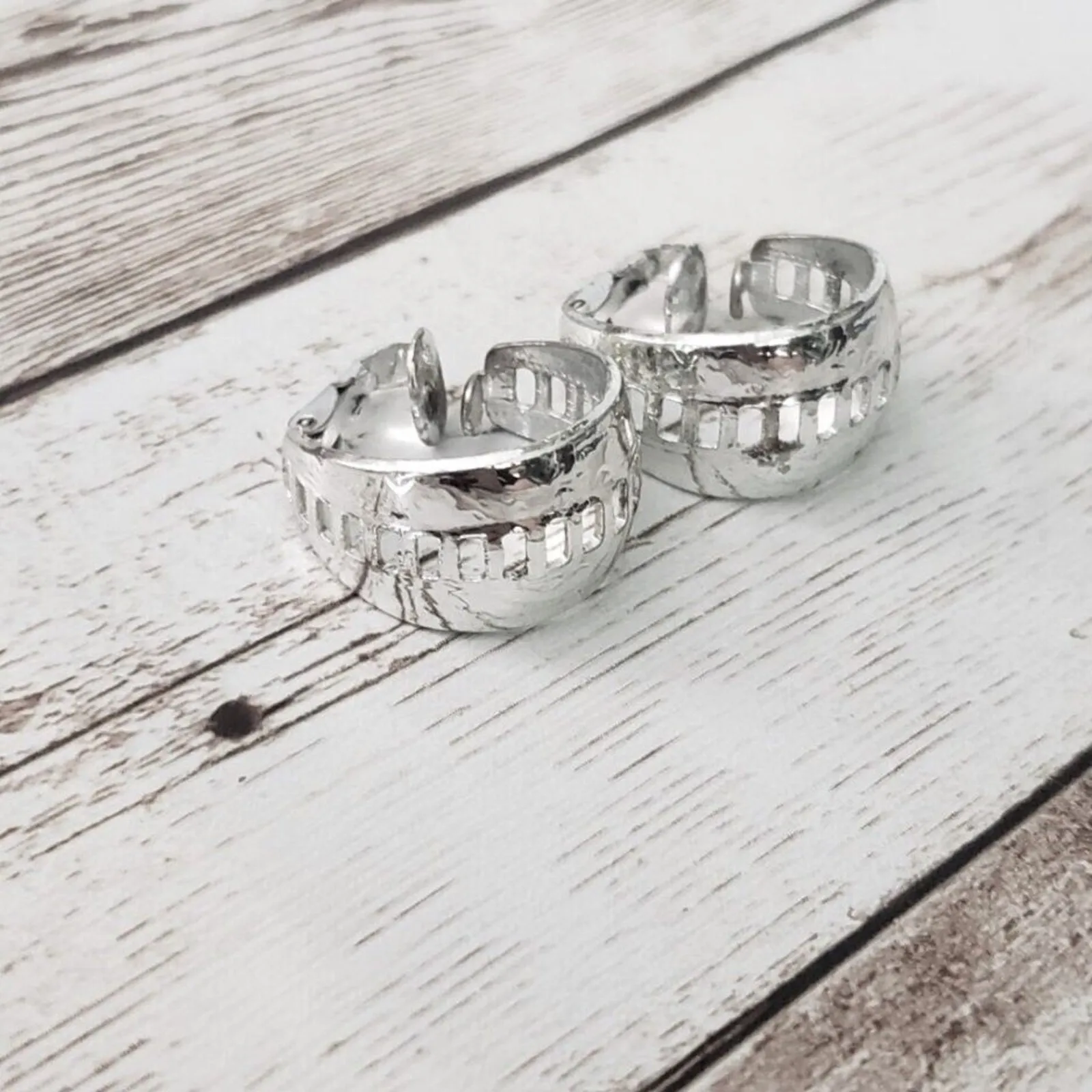 Vintage Clip On Earrings Silver Tone Chunky Hoops with Cut Out - Image 2