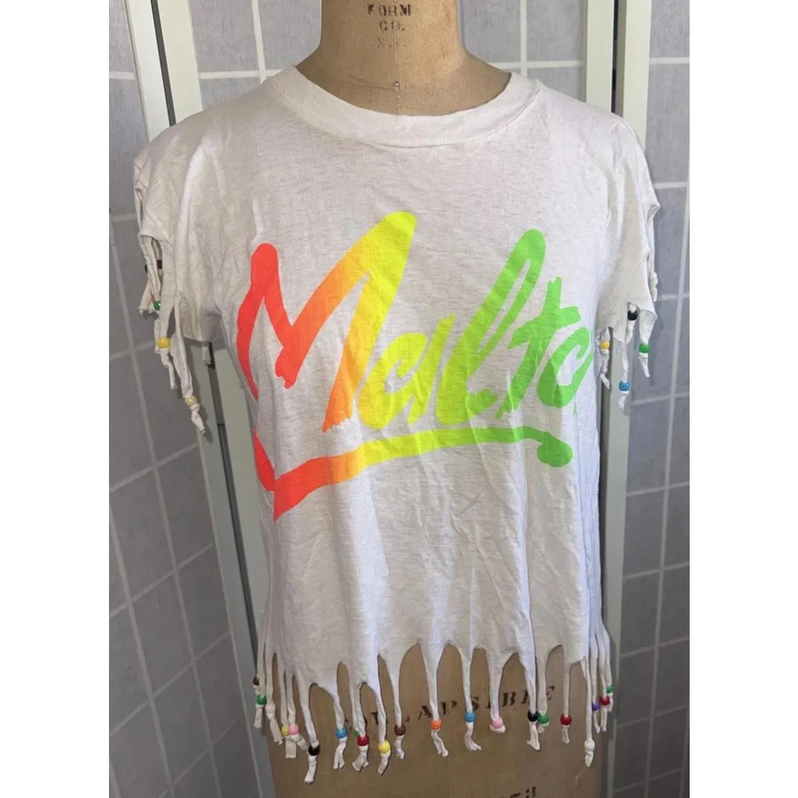 Vintage Windswept Beaded Crop Beach Boho Tropical Melted Cover Up Swim Tee Med White - Image 14