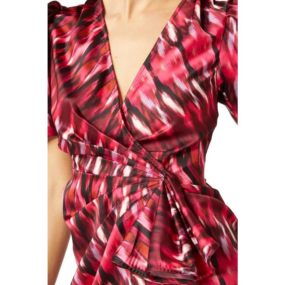 MISA Los Angeles Amina Wrap Chic Satin Ruffle Fuchsia Dress NWT XS $357 - Image 4