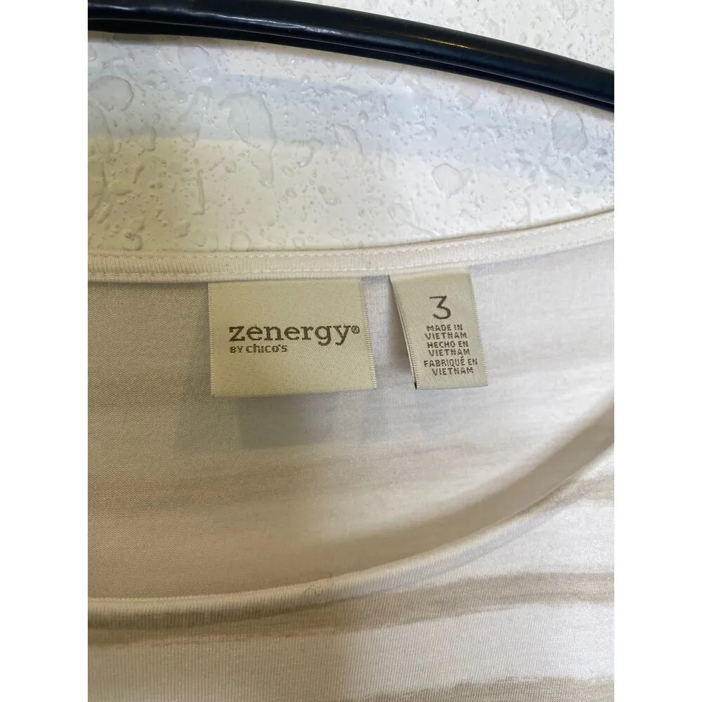 Zenergy by Chico’s White & Tan Striped Split Sleeve Stretch Knit Tunic EUC Sz XL - Image 2